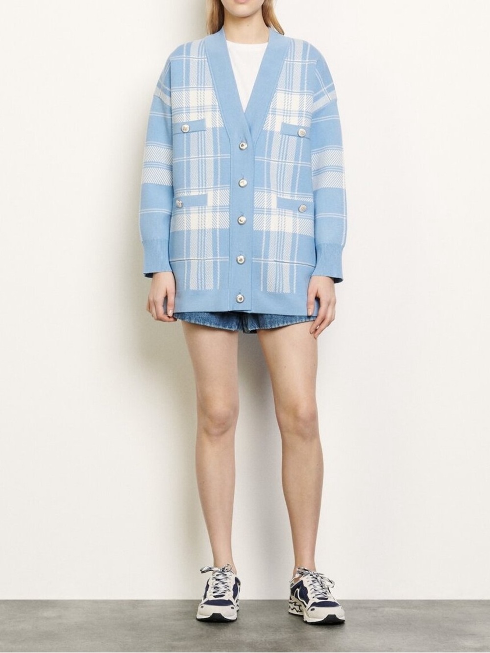 Sandro Light Blue Plaid V-Neck Cardigan with Pearl Buttons